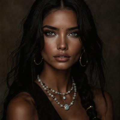 The primary subject of the image is a woman with long black hair, wearing a brown dress and a necklace. She is posing for the camera, and her eyes are open. The setting is a dark room, and the visual style is a close-up portrait. The colors in the image are predominantly dark, creating a moody atmosphere.